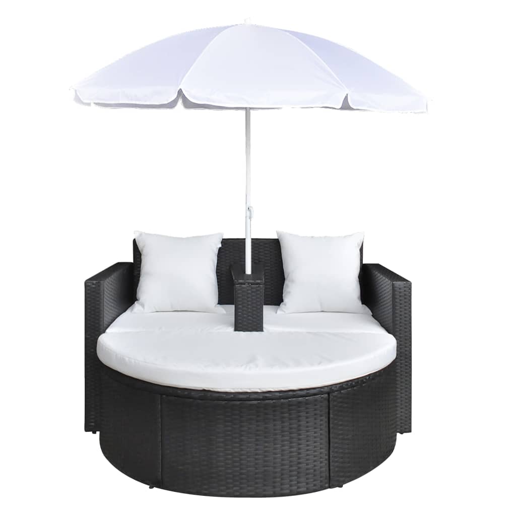 Lettino da Giardino con Ombrellone Nero in Polyrattan 40735