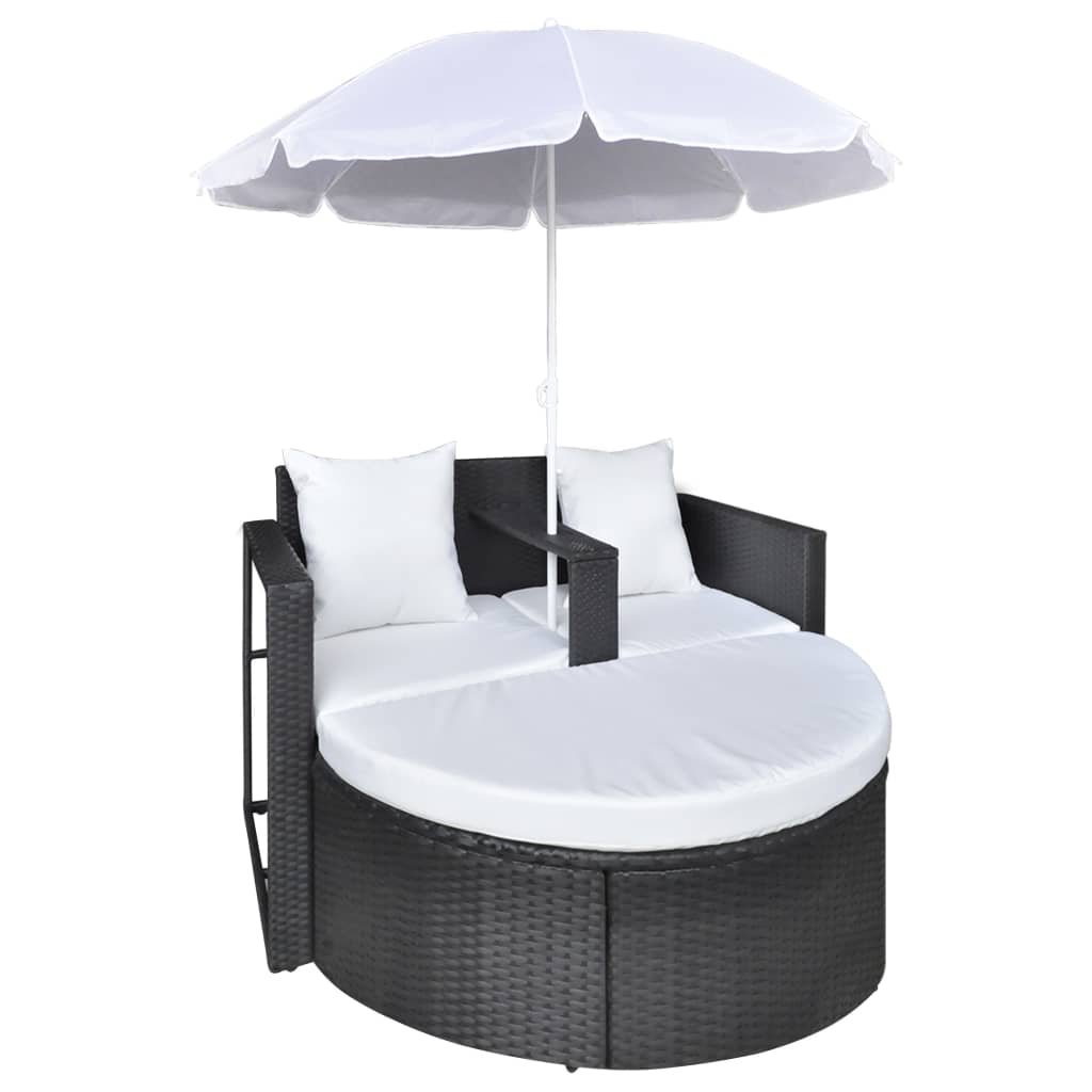 Lettino da Giardino con Ombrellone Nero in Polyrattan 40735