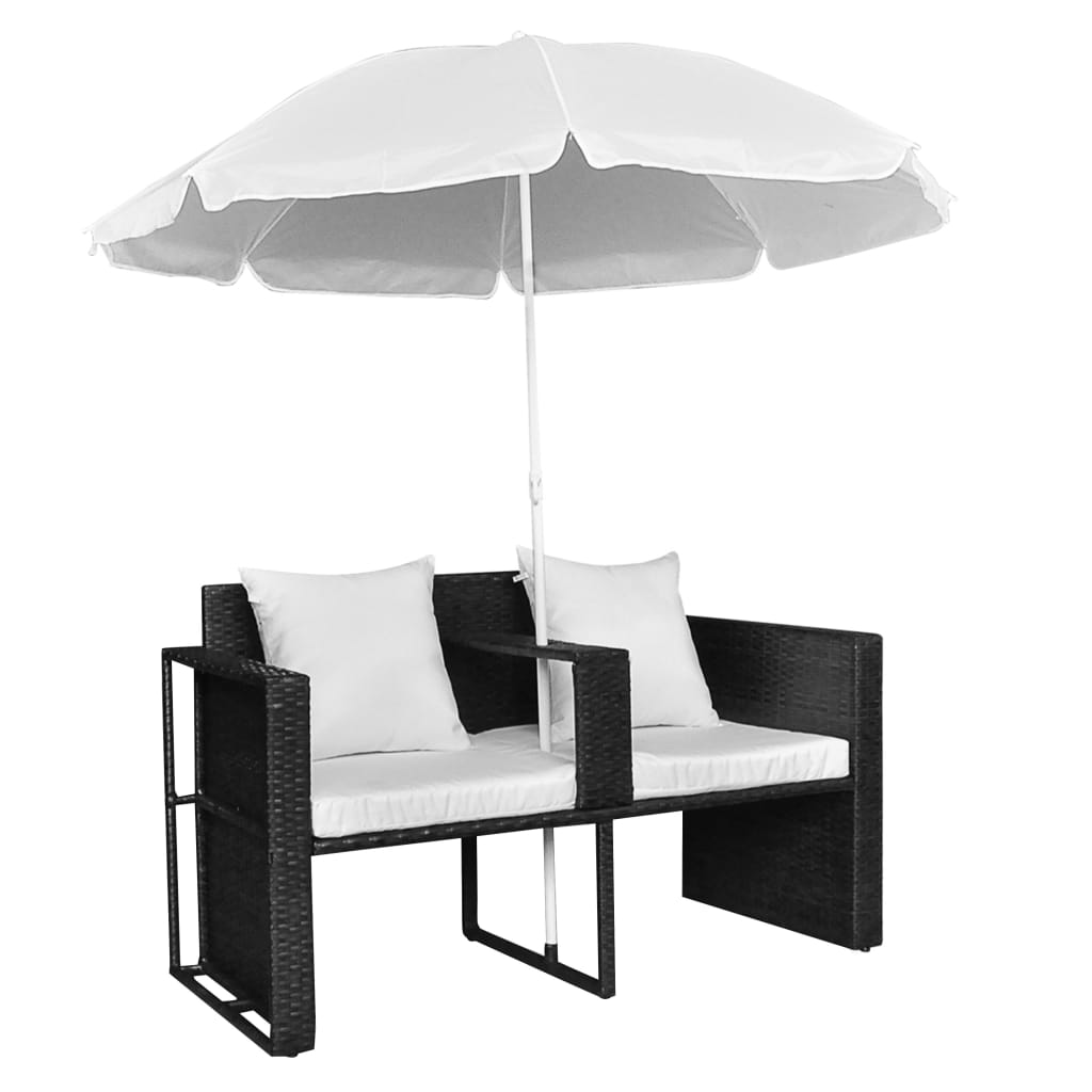 Lettino da Giardino con Ombrellone Nero in Polyrattan 40735