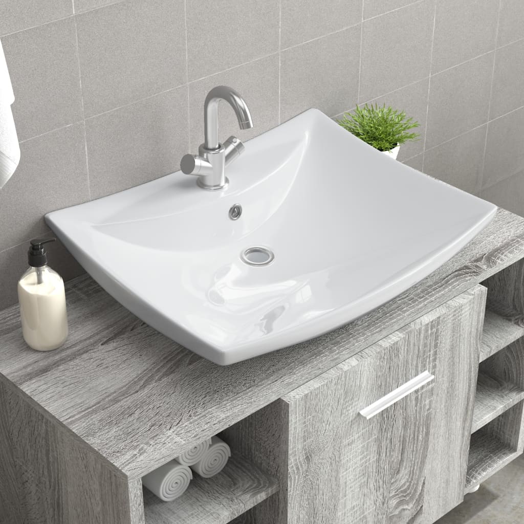 Lavabo Ceramica Lusso Rettangolare Foro di Trabocco e Foro Rubinetto  cod mxl 53569