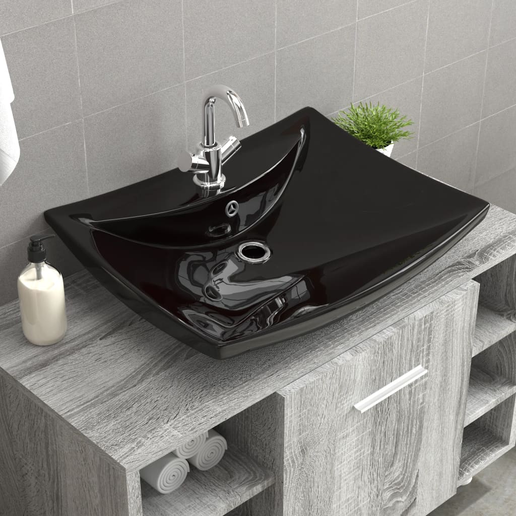 Lavabo-Lavandino-Lavello Nero Ceramica Lusso Rettangolare Foro Trabocco Foro Rubinetto
