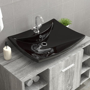 Lavabo-Lavandino-Lavello Nero Ceramica Lusso Rettangolare Foro Trabocco Foro Rubinetto
