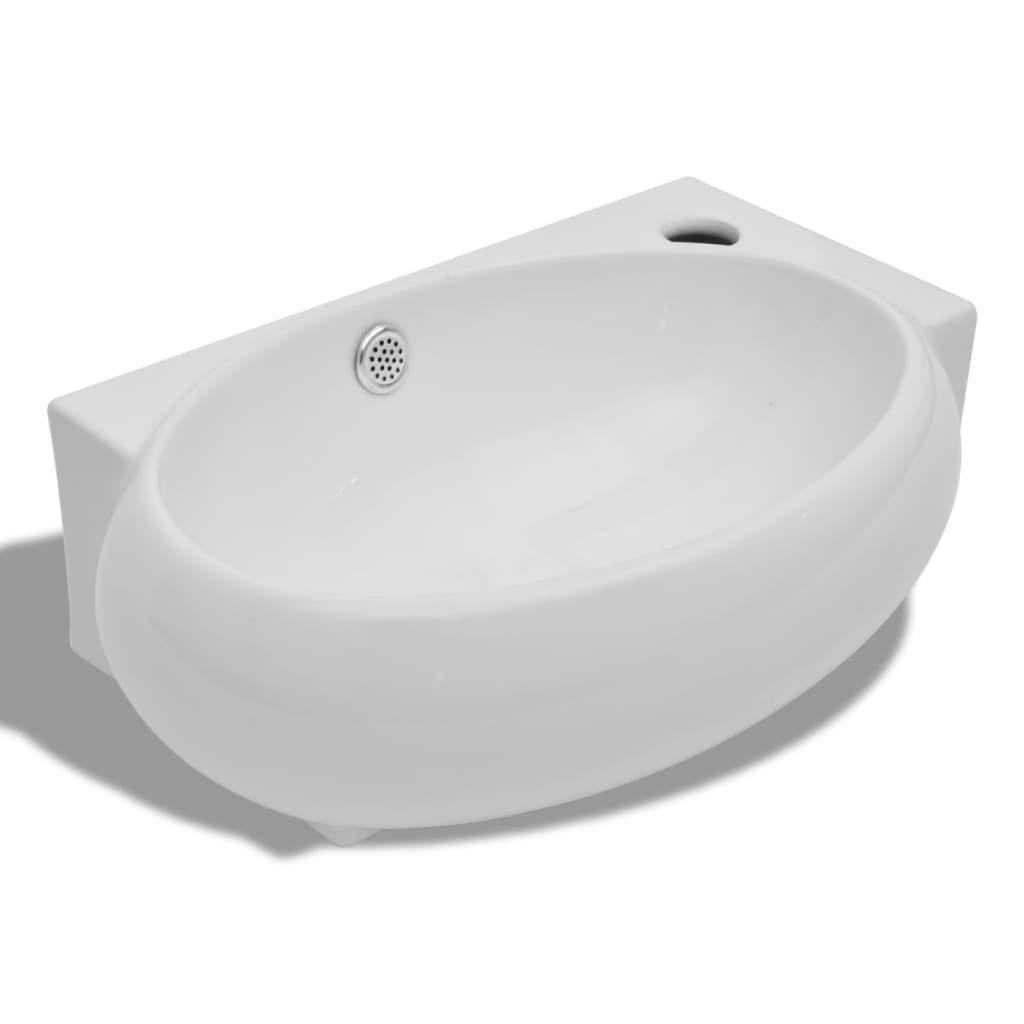 Lavello Ceramica con Foro Rubinetto e Troppo-Lavandino-Lavabo Pieno Bianco