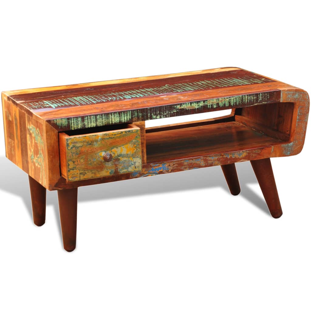 Tavolino da CaffÃ¨ con Bordo Curvo 1 Cassetto Legno di Recupero  cod mxl 20730