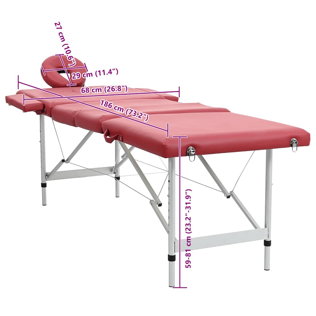 Lettino Pieghevole da Massaggio Rosso 4 Zone Telaio Alluminio 110098