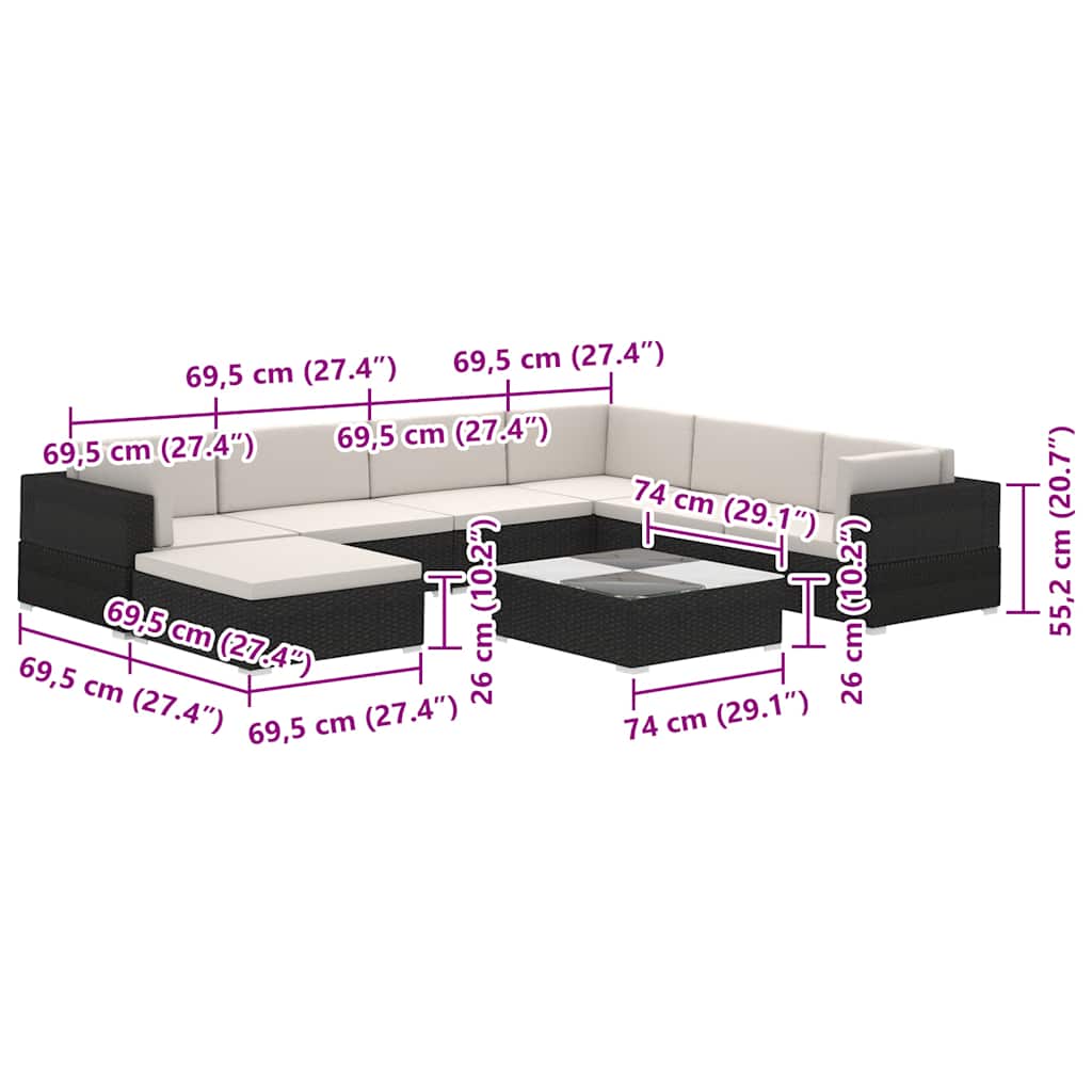Set Divani da Giardino 8 pz con Cuscini in Polyrattan Nero 41261