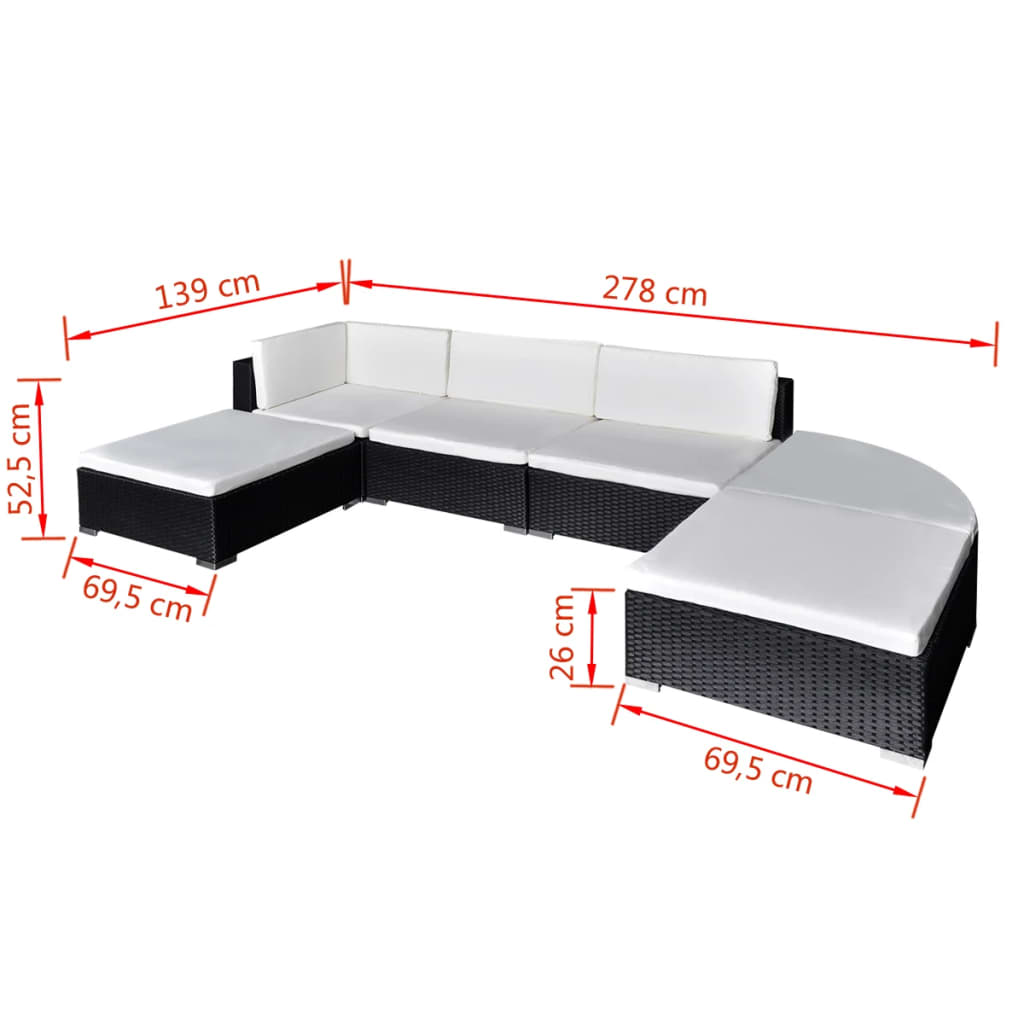 Set Divani da Giardino 6 pz con Cuscini in Polyrattan Nero 41273