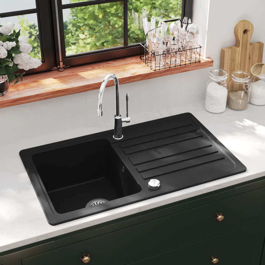 Lavandino Cucina Granito Singolo Scolapiatti Reversibile Nero 141669