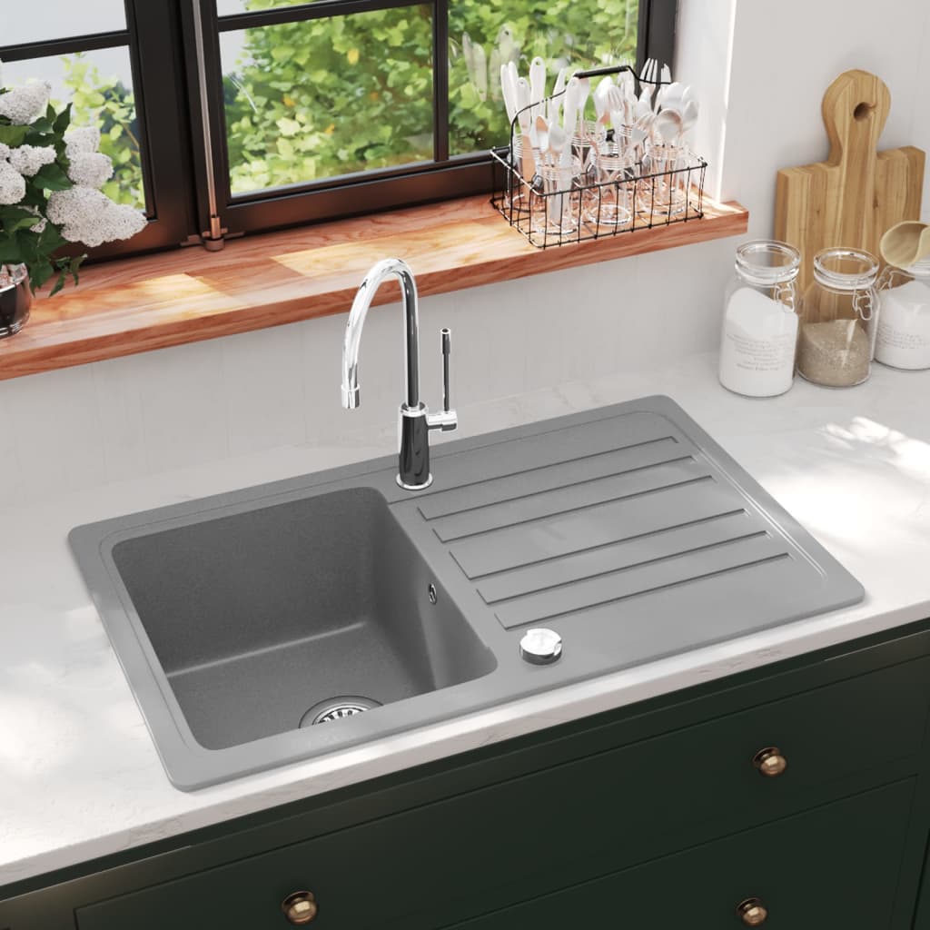 Lavandino cucina granito singolo con scolapiatti reversibile grigio 141670