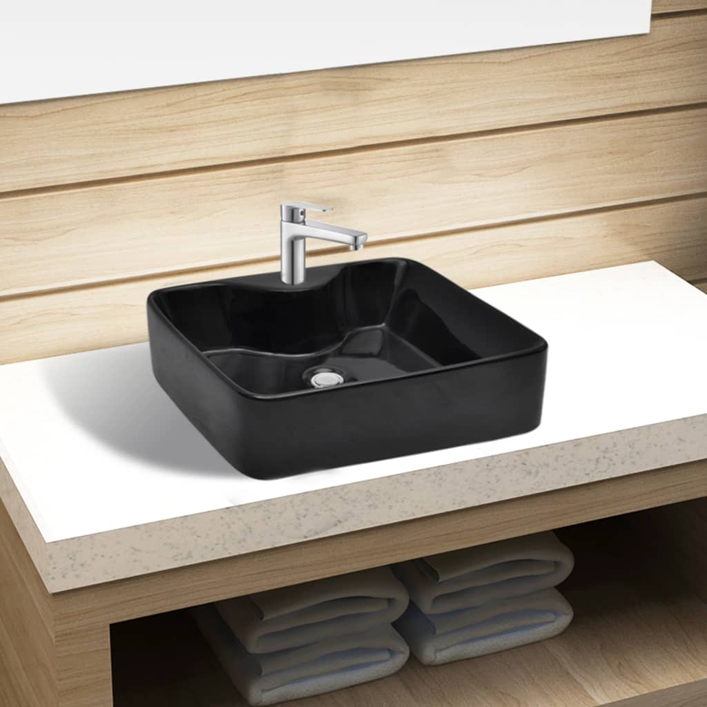 Lavandino-Lavabo-Lavello Bagno in Ceramica Nera Quadrato con Foro per Rubinetto