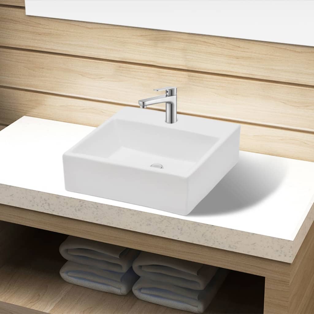 Lavandino Bagno in Ceramica Bianca Quadrato con Foro Rubinetto  cod mxl 53563