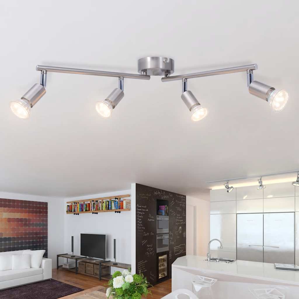 Lampada da Soffitto con 4 Faretti a LED in Nichel Satinato 50467