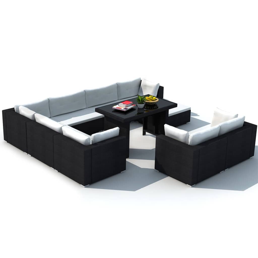 Set Divani da Giardino 10 pz con Cuscini in Polyrattan Nero cod mxl 34576