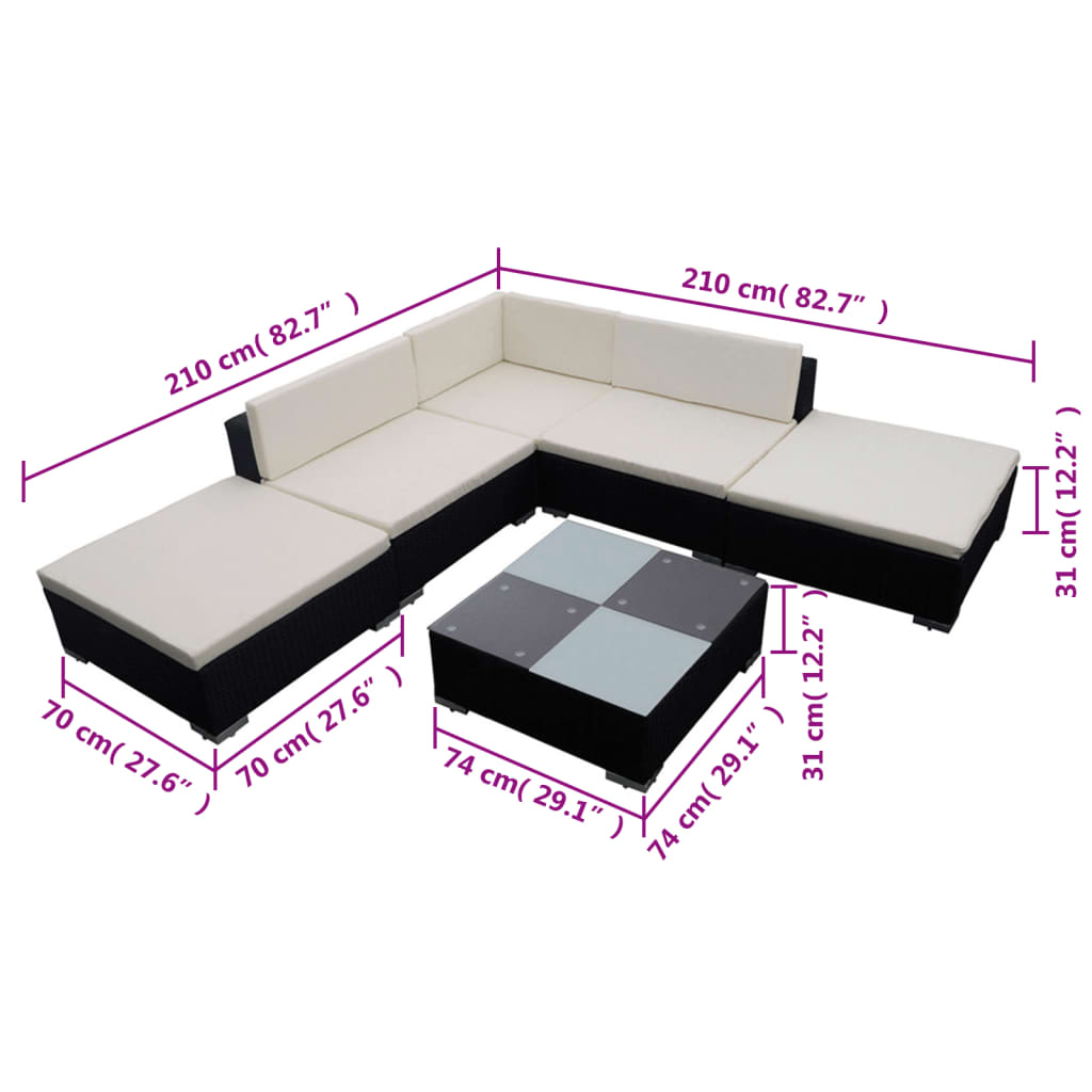 Set Divani da Giardino 6 pz con Cuscini in Polyrattan Nero 42086
