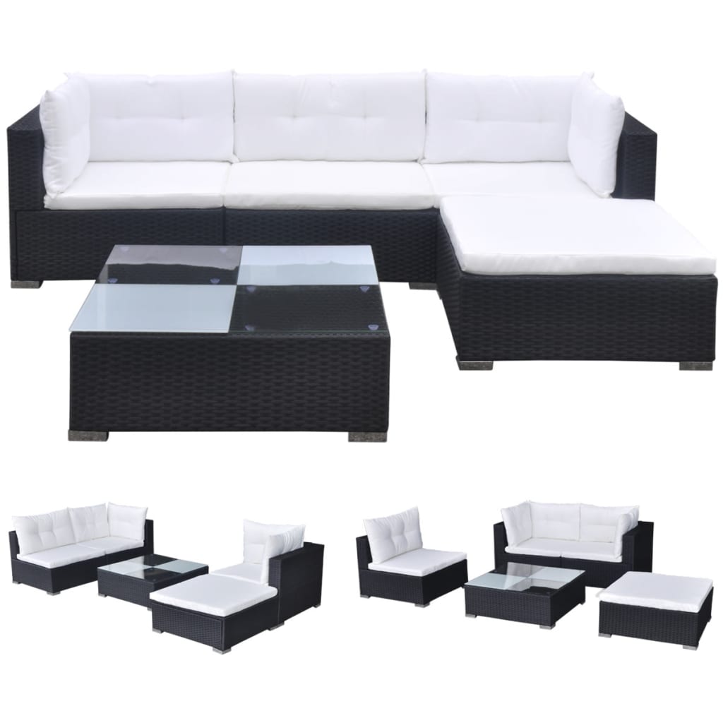 Set Divani da Giardino 5 pz con Cuscini in Polyrattan Nero 42100