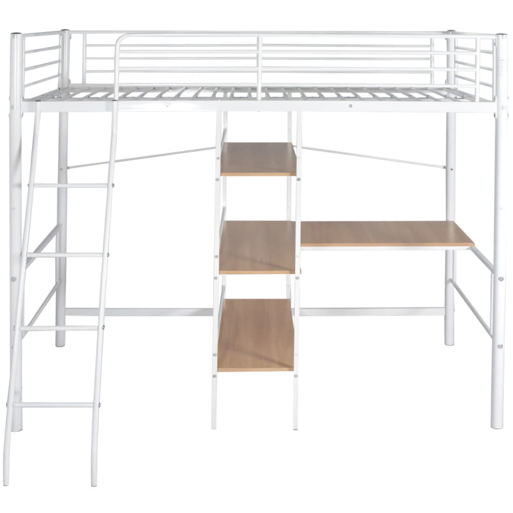 Letto Rialzato con Scrivania Bianco e Marrone Metallo 90x200 cm