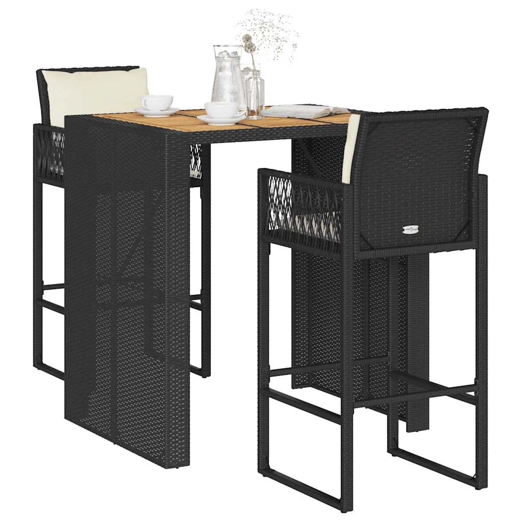 Set Bar da Giardino 3 pz con Cuscini Nero in Polyrattan Acacia 3328895