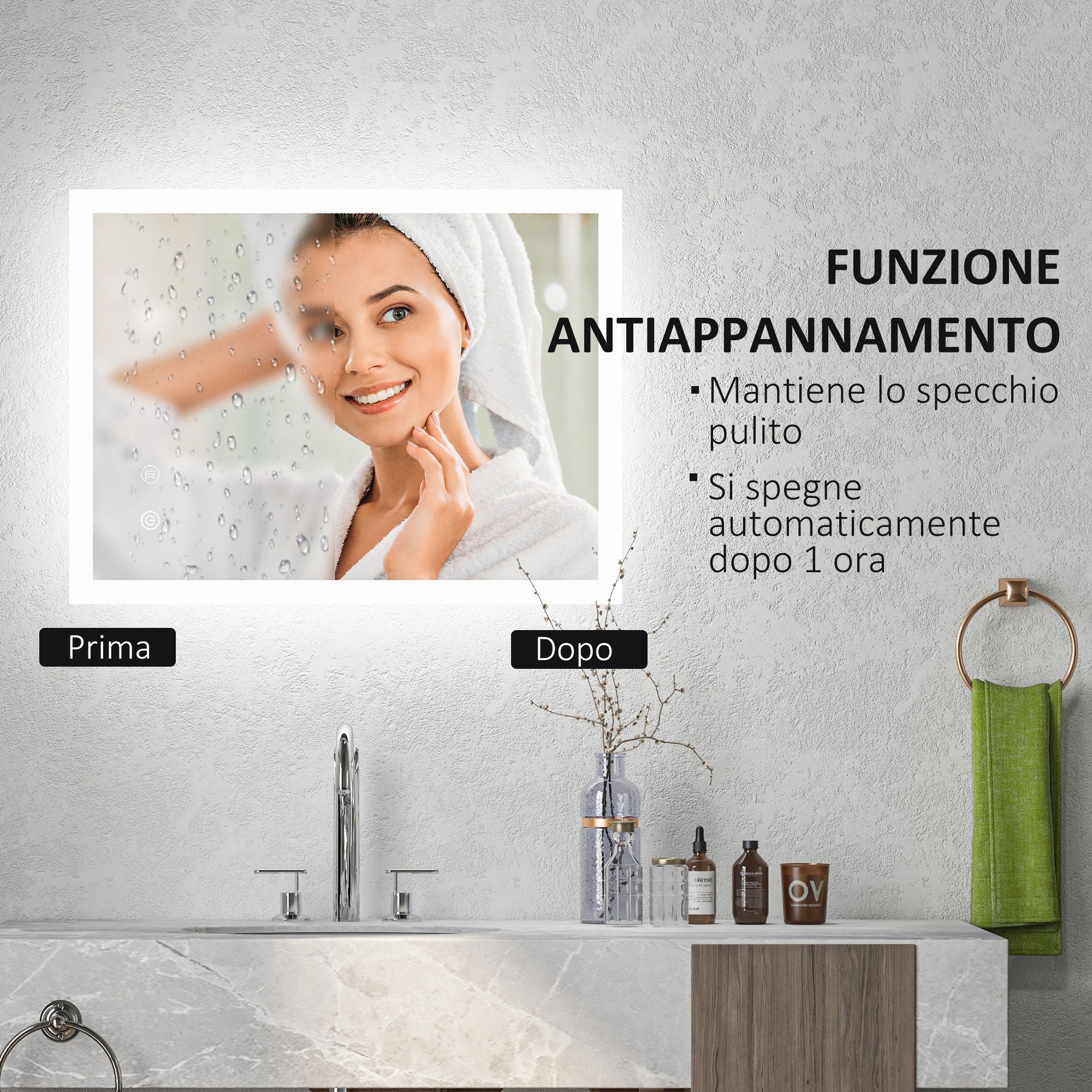 Specchio Bagno con Luci LED  3 Tonalità 70x50 cm Controllo Touch e Design Antiappannamento