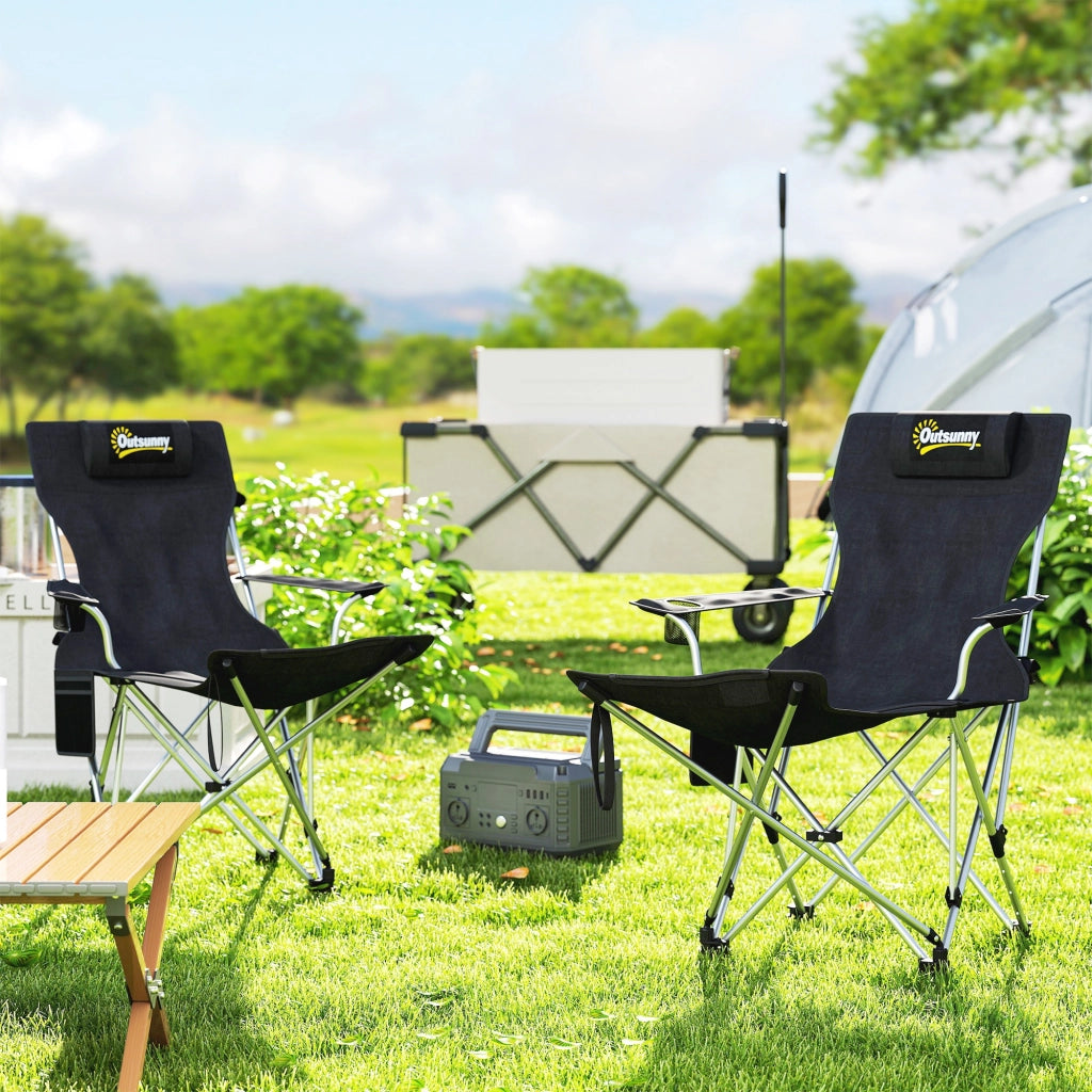 Sedia Pieghevole da Camping con Poggiapiedi e Portabicchieri ¨C zephmum ¨C 2 Pezzi, Nero, 125x48x90 cm