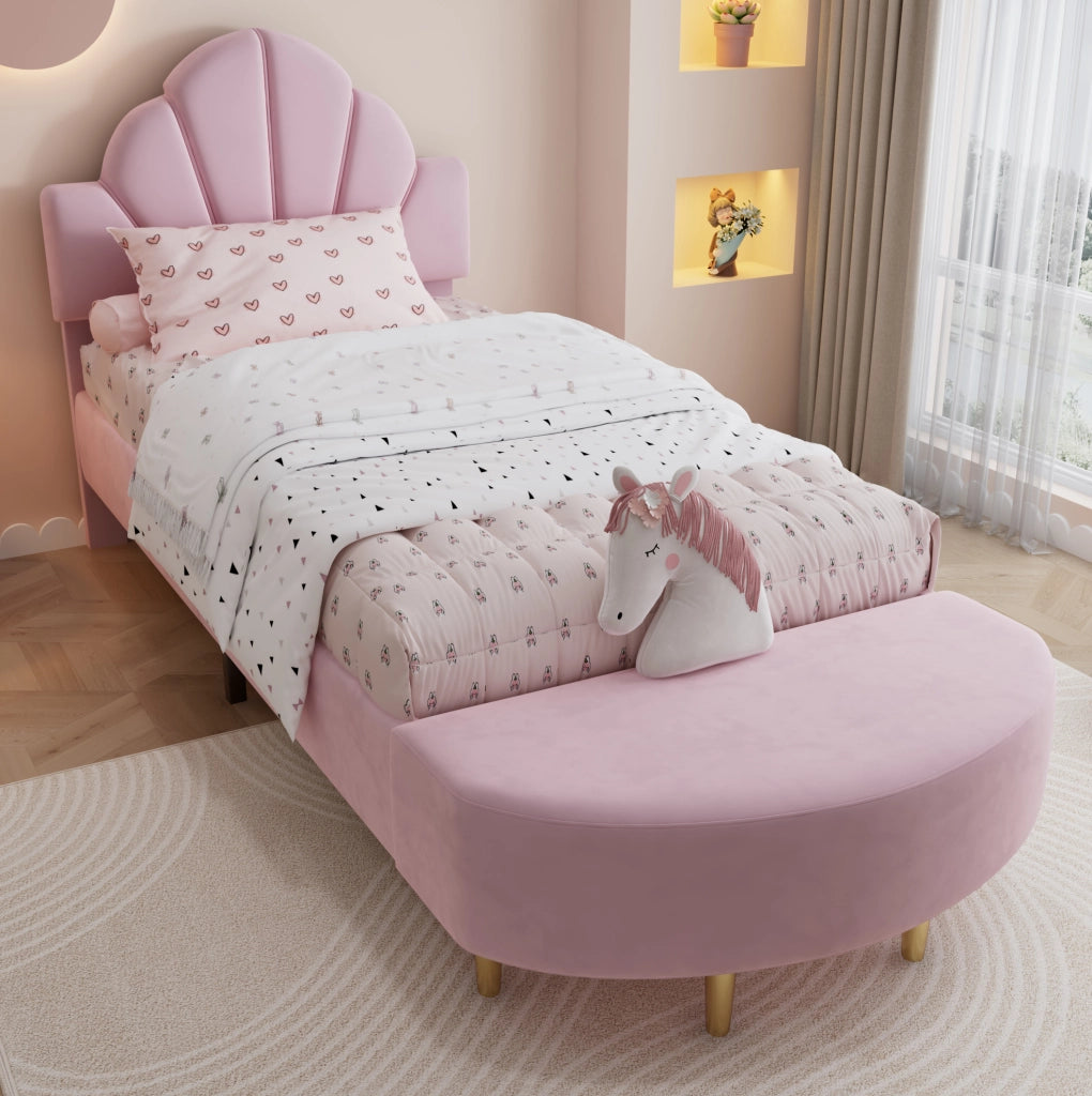 Letto imbottito 90x200 cm con testiera in velluto; panca coordinata e bordi anticolpo rosa