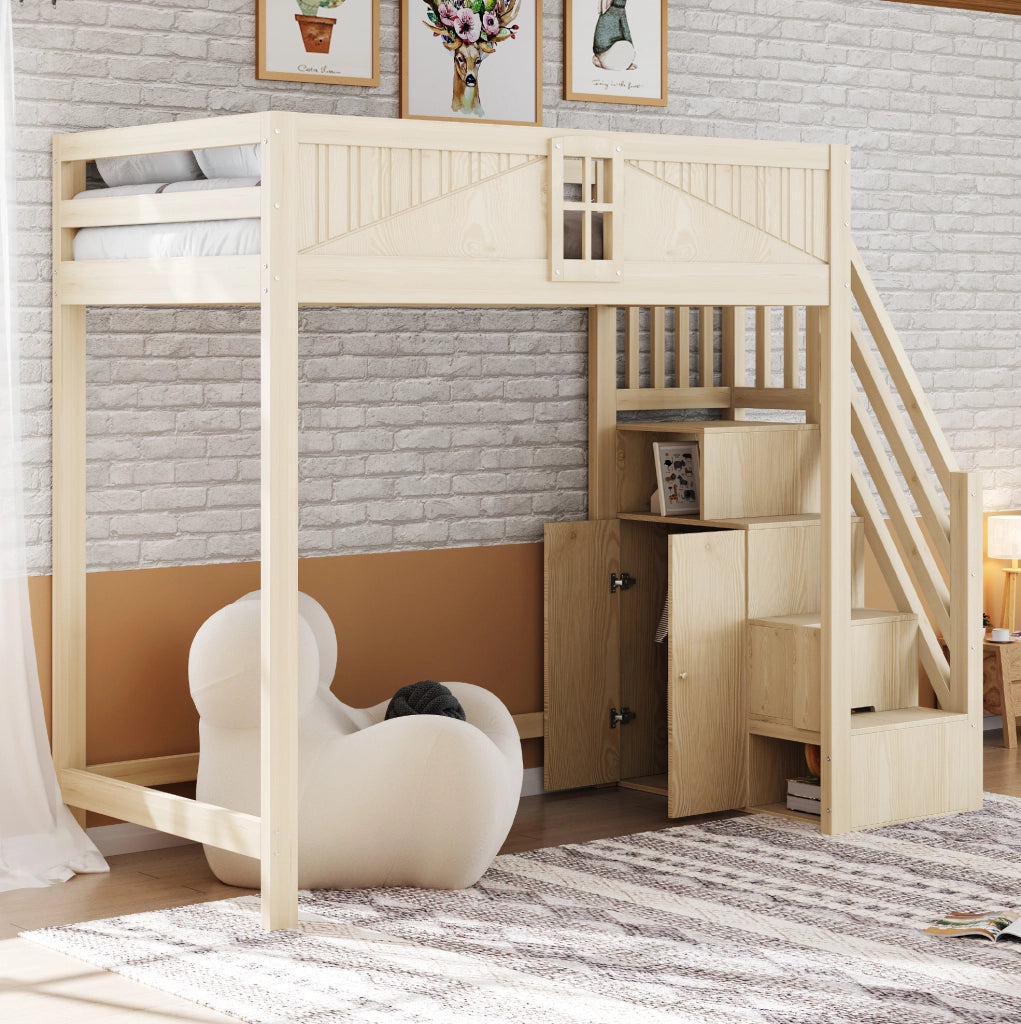 Letto a soppalco 90x200 cm in legno massello con scala reversibile e vano laterale