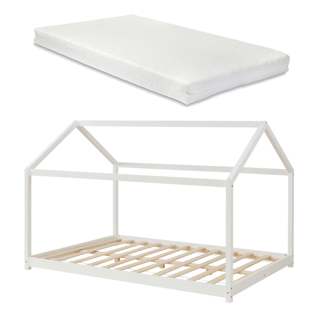Letto per Cameretta 'Cerro' a Forma di Casetta con Materasso 140 x 200 cm Legno di Pino Bianco [en.casa]