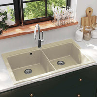 Lavello da Cucina in Granito Vasca Doppia-Lavandino-Lavabo Beige 446895