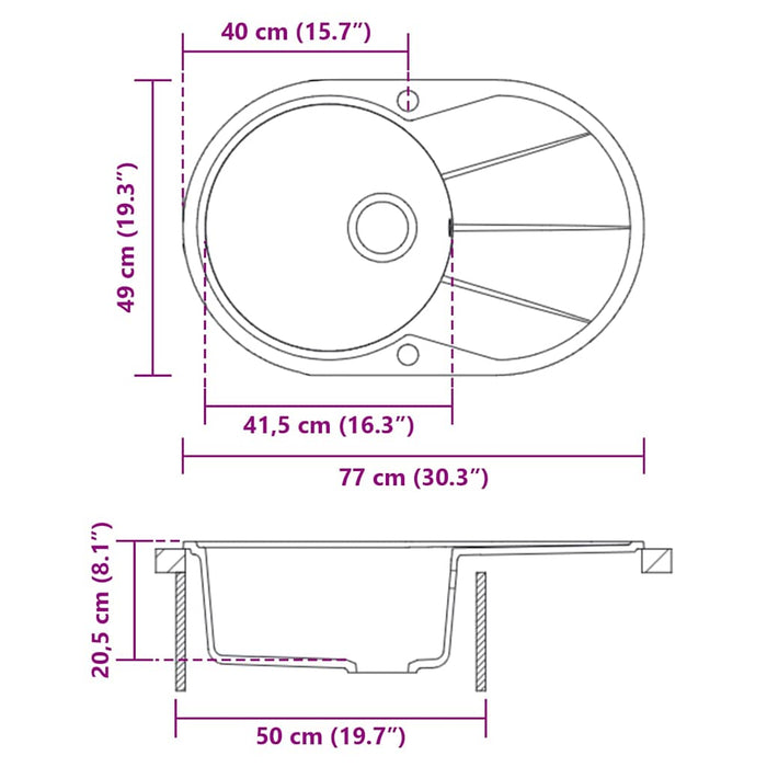 Lavello da Cucina in Granito Vasca Singola Ovale Bianco 144867