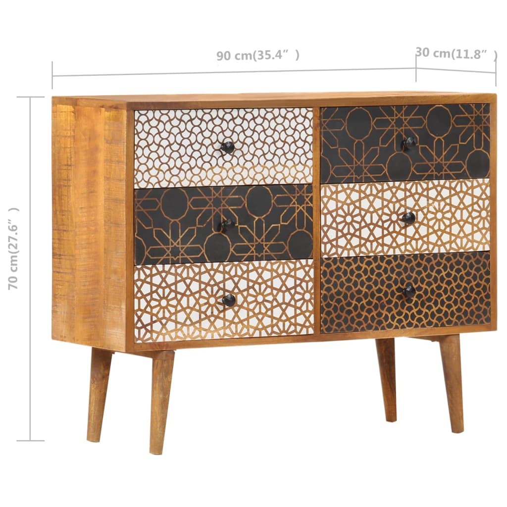 Credenza cassettiera mobile contenitore organizer cucina soggiorno salotto con motivo stampato 90 x 30 x 70 cm legno massello di mango marrone 02_0030087