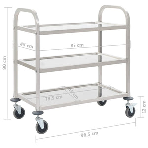 Carrello da Cucina a 3 Livelli-Scaffale per Cucina 96,5x55x90 cm in Acciaio Inox