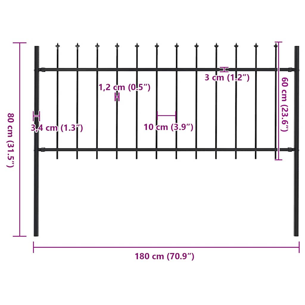 Recinzione Giardino con Punta a Lancia in Acciaio 1,7x0,8m Nera cod mxl 6570