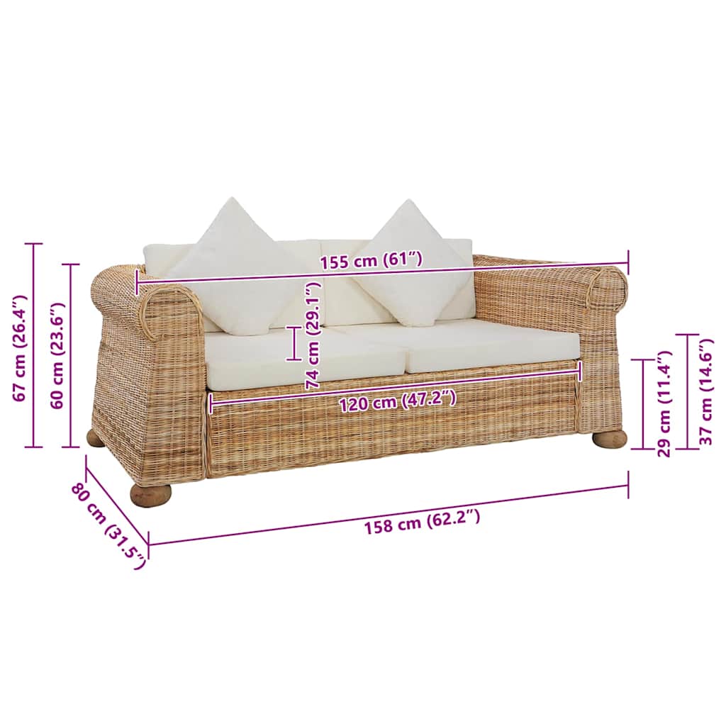 Divano a 2 Posti con Cuscini in Rattan Naturale cod mxl 9992