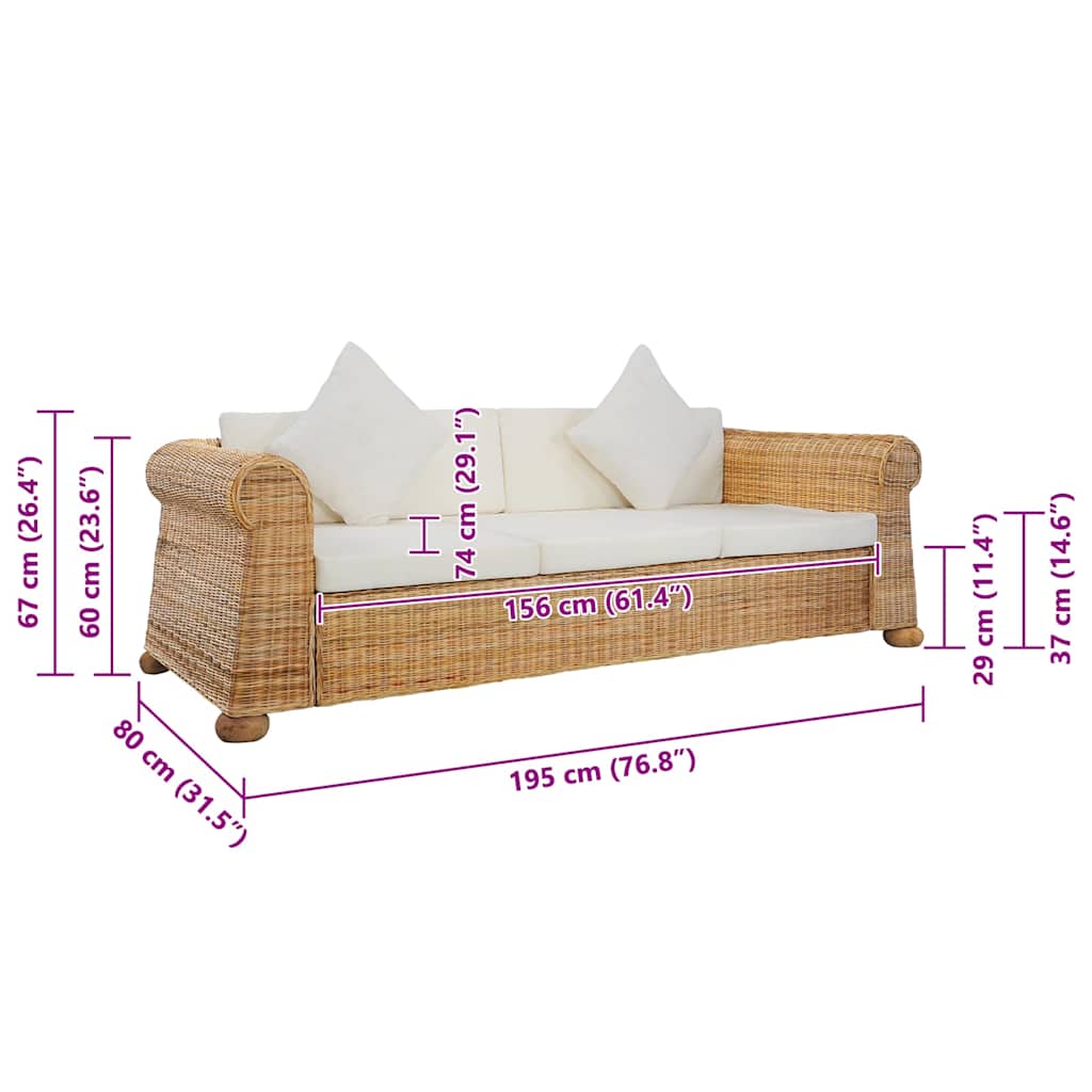Divano a 3 Posti con Cuscini in Rattan Naturale cod mxl 6853