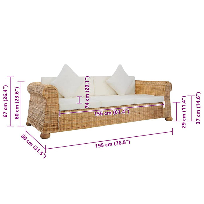 Divano a 3 Posti con Cuscini in Rattan Naturale cod mxl 6853
