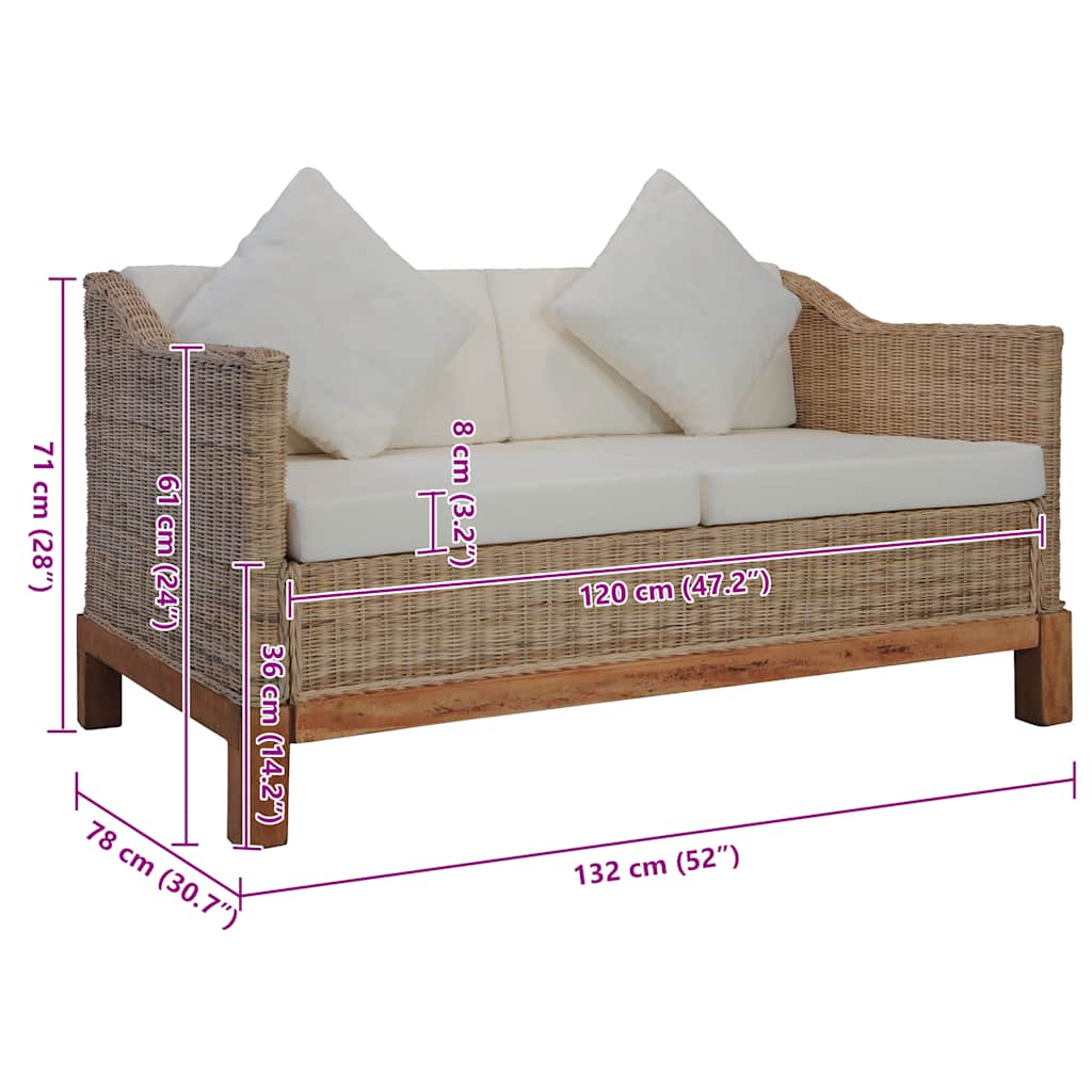 Divano a 2 Posti con Cuscini in Rattan Naturale 283076