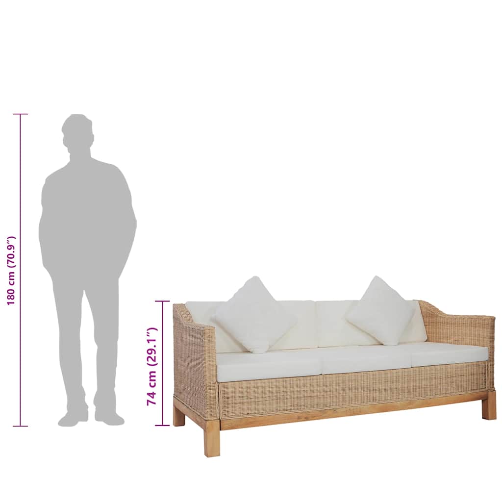 Divano a 3 Posti con Cuscini in Rattan Naturale 283077