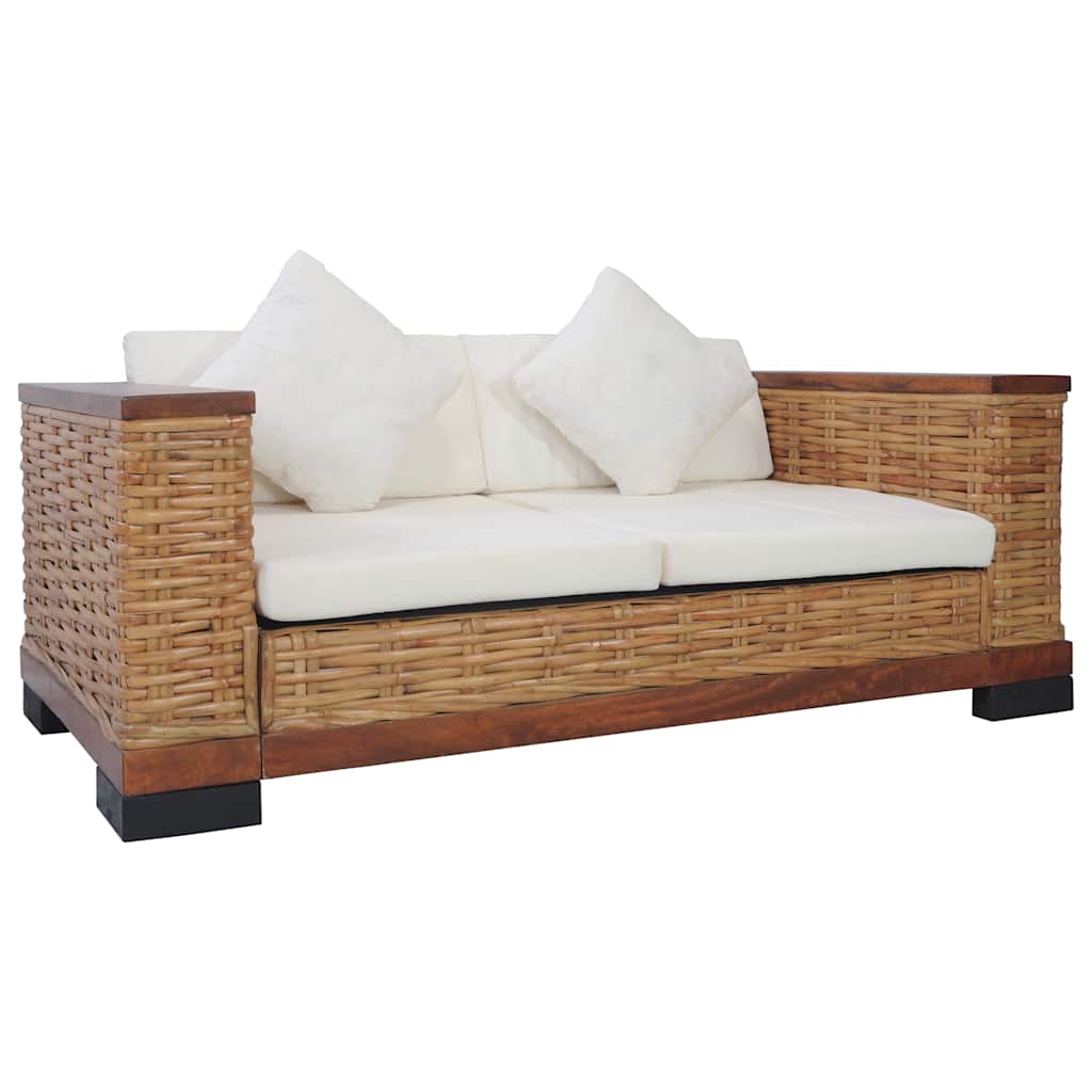 Divano a 2 Posti con Cuscini Marrone in Rattan Naturale cod mxl 6868