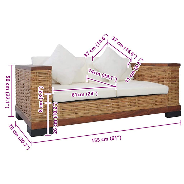 Divano a 2 Posti con Cuscini Marrone in Rattan Naturale cod mxl 6868