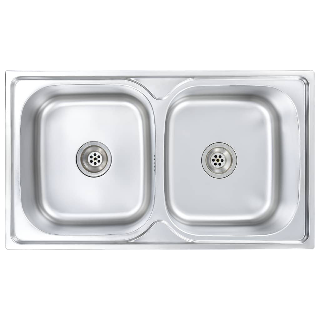 Lavello cucina doppio con valvola e sifone 84 x 48 cm inox 02_0002359