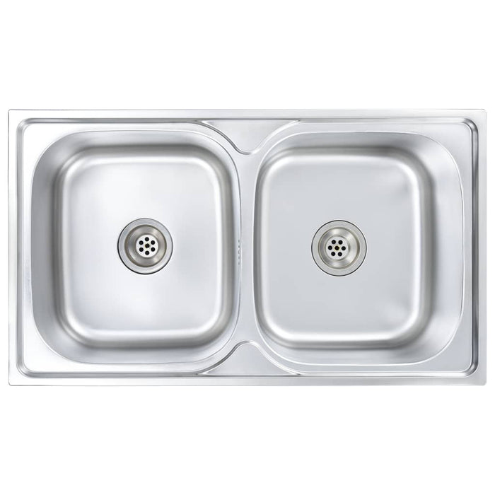 Lavello cucina doppio con valvola e sifone 84 x 48 cm inox 02_0002359