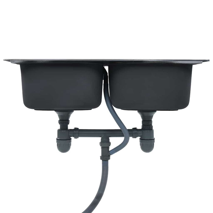 Lavello da Cucina Doppio con Filtro e Sifone-Lavandino-Lavabo in Acciaio Inox 396707