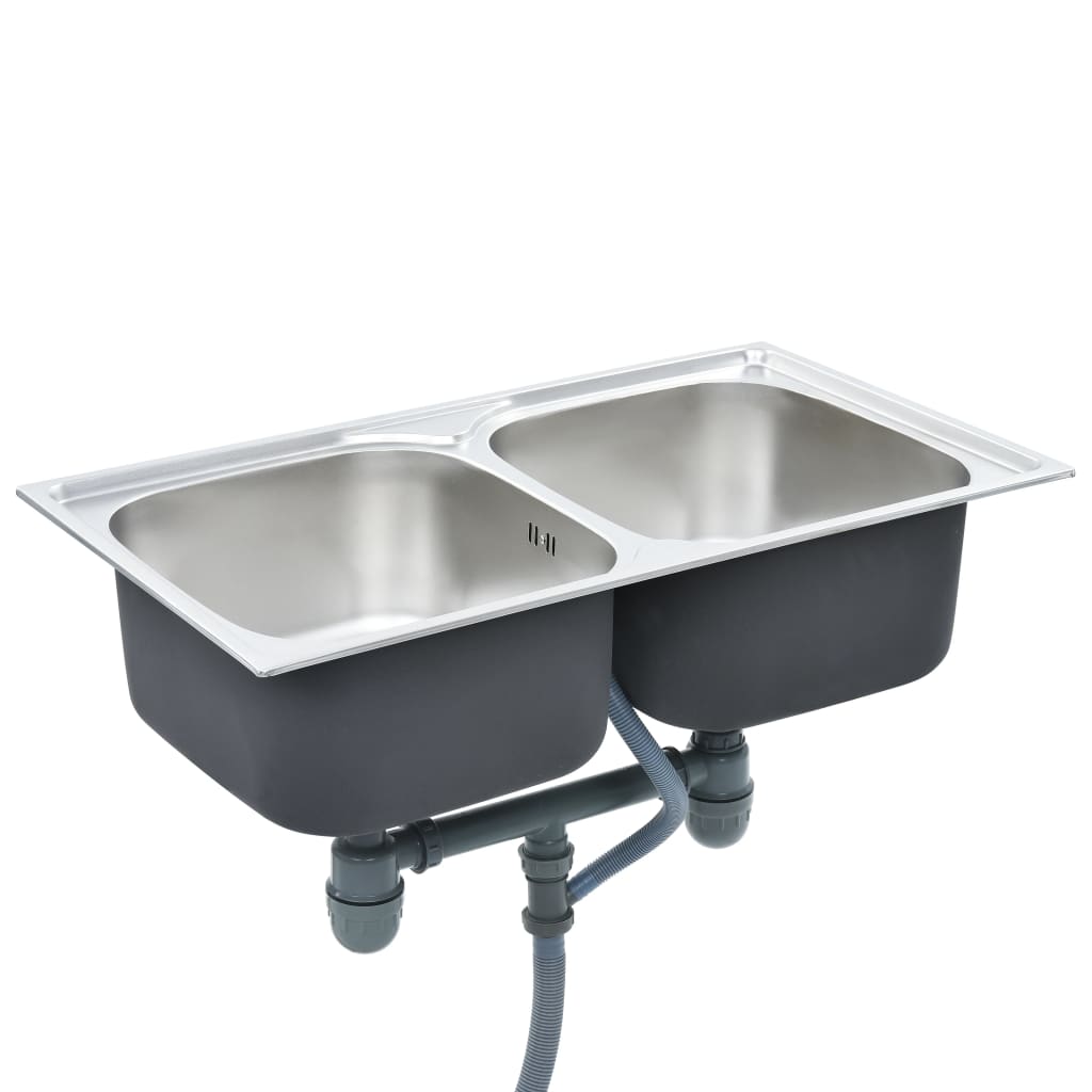 Lavello cucina doppio con valvola e sifone 84 x 48 cm inox 02_0002359