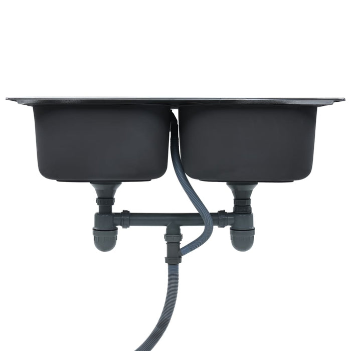 Lavello cucina doppio con valvola e sifone 84 x 48 cm inox 02_0002359