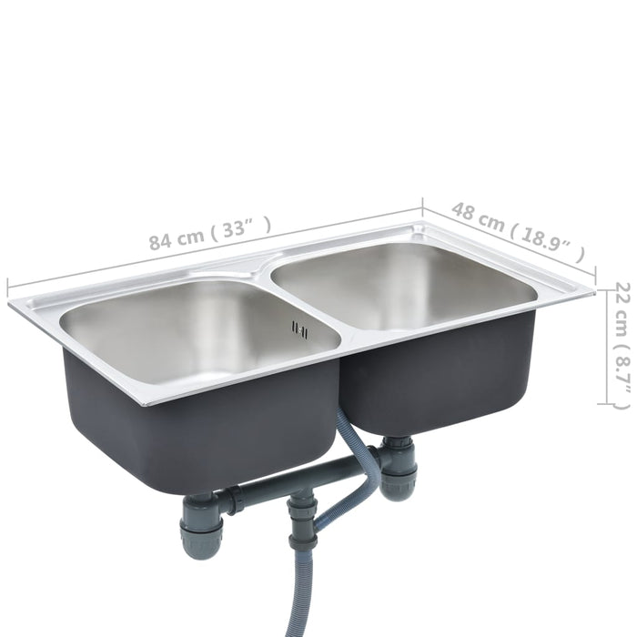 Lavello cucina doppio con valvola e sifone 84 x 48 cm inox 02_0002359