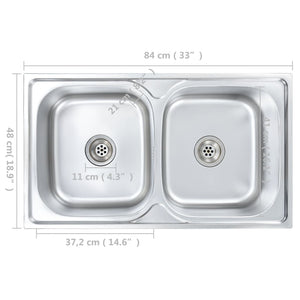 Lavello cucina doppio con valvola e sifone 84 x 48 cm inox 02_0002359