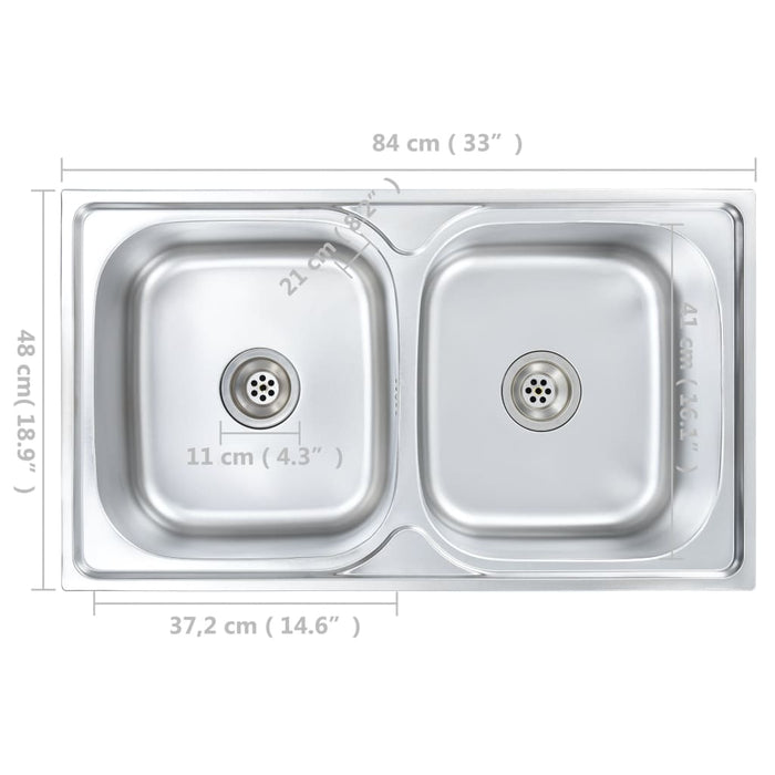 Lavello cucina doppio con valvola e sifone 84 x 48 cm inox 02_0002359