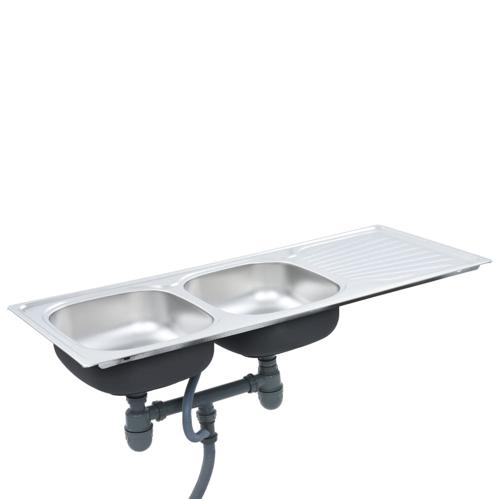 Lavello cucina doppio con piletta e sifone 120 x 50 cm inox 02_0002360