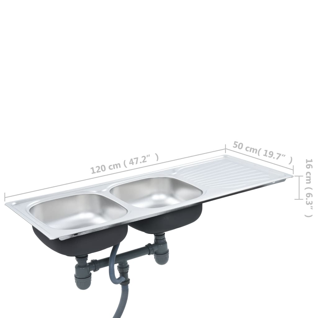 Lavello cucina doppio con piletta e sifone 120 x 50 cm inox 02_0002360