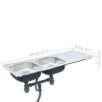 Lavello cucina doppio con piletta e sifone 120 x 50 cm inox 02_0002360