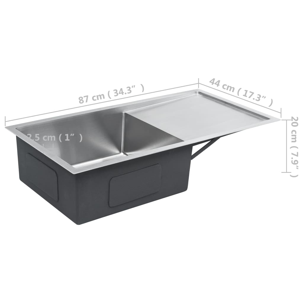 Lavello da cucina fatto a mano con piletta 87 x 44 cm in acciaio inox con finitura spazzolata 02_0004384